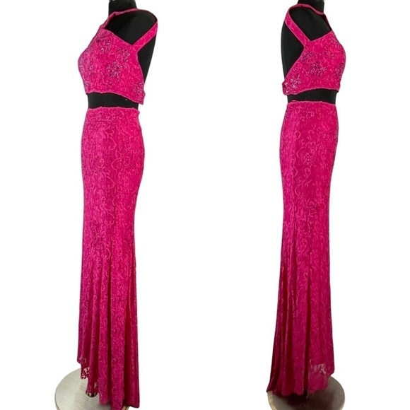 JOVANI 2 PIECE STRETCH LACE RHINESTONE CRYSTAL TRUMPET FORMAL PAGENT GOWN DRESS - Picture 4 of 16